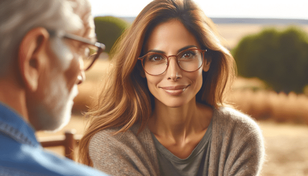 Une jeune femme regardant droit devant avec un généreux sourire