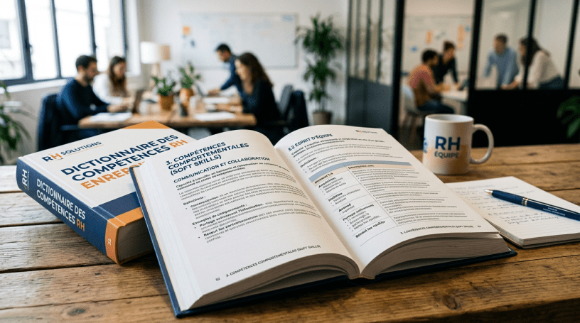 Open dictionary titled 'Dictionnaire des compétences RH' on communication and teamwork competencies