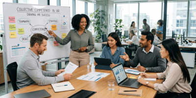 Diverse HR team discussing strategy at a meeting with a whiteboard and charts
