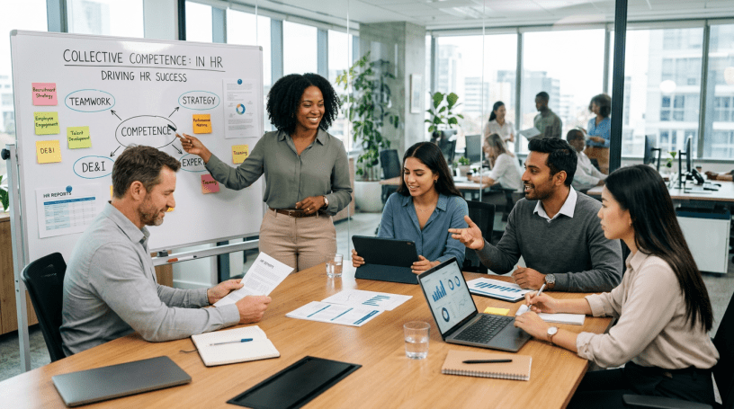 Diverse HR team discussing strategy at a meeting with a whiteboard and charts