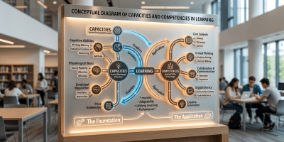Conceptual diagram of capacities and competencies in learning showing cognitive abilities, emotional regulation, prior knowledge, and core skills