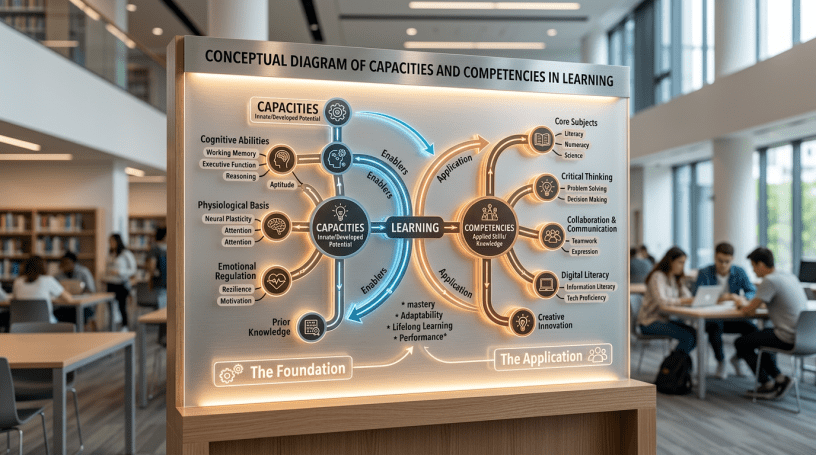 Conceptual diagram of capacities and competencies in learning showing cognitive abilities, emotional regulation, prior knowledge, and core skills