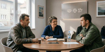 Three individuals seated around a table in a post-conflict mediation office