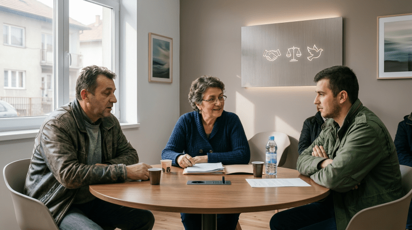 Three individuals seated around a table in a post-conflict mediation office