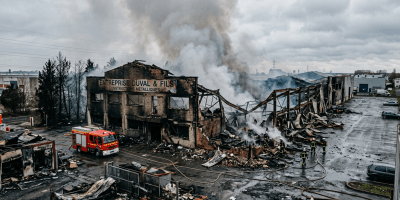 Firefighters extinguishing flames at a heavily damaged metal construction factory with smoke rising