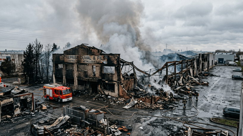 Firefighters extinguishing flames at a heavily damaged metal construction factory with smoke rising