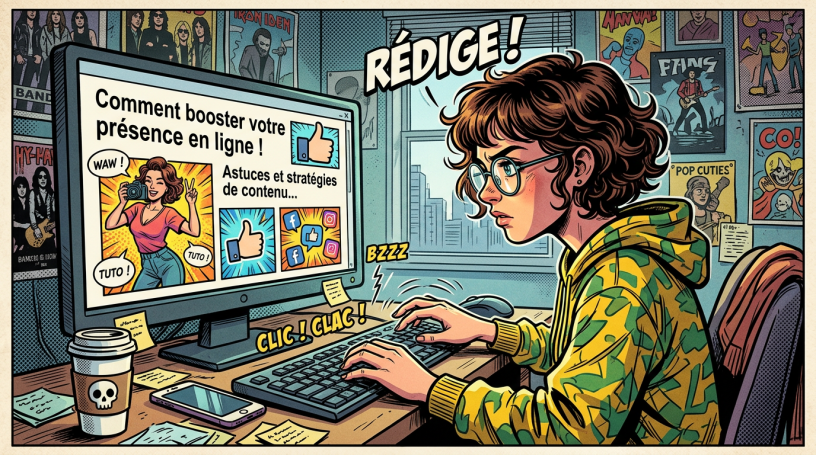 Young woman in glasses typing at a computer about boosting online presence